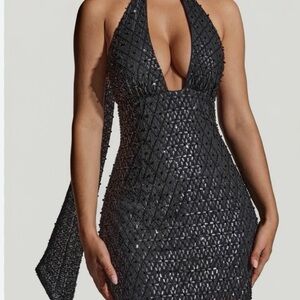 Oh Polly Henrietta Beaded Black Halter with Sequin Scarf Accent Dress